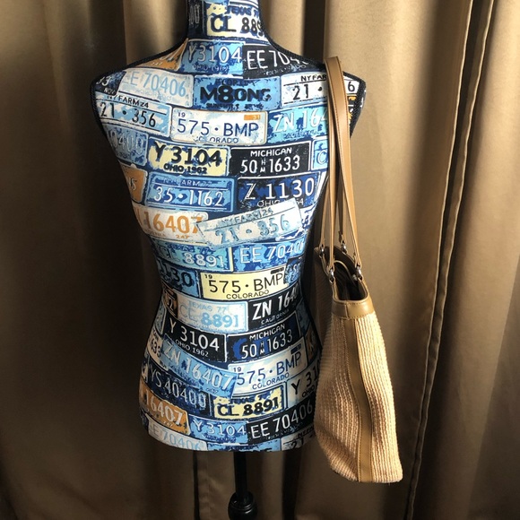 Fossil Woven Fabric Double Strap Shoulder Bag Purse with Plaid Lining - Picture 8 of 16